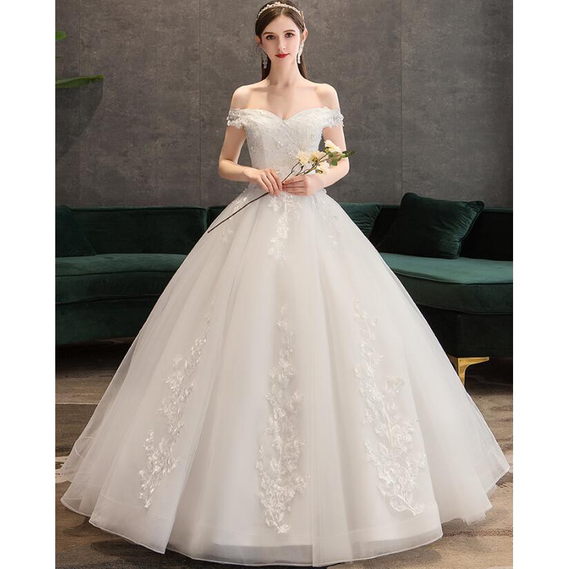 White Simple Elegant Off Shoulder Crystal Lace Embroidery Maxi Wedding Party Gown Dress Shopee Philippines