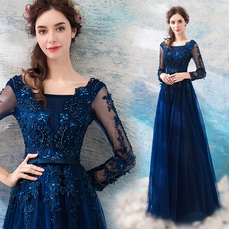 Dark Blue Long Sleeve Evening Dress Shopee Philippines