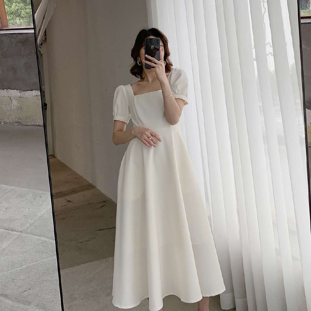 Korean Fashion Square Neck Short Sleeve White Dress Shopee Philippines