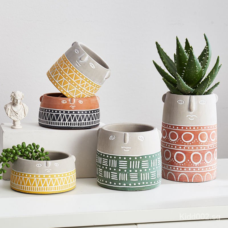 Adorn your outdoor space with planters, plant stands, and plant pots to hold your gorgeous greenery and herbs. Tribal Pattern Flower Pot Outdoor Indoor Flower Pot Nordic Simple Geometric Flower Pot Plant Outdoor Garden Creative Industrial Style Cement Portrait Flower Pot Home Living Room