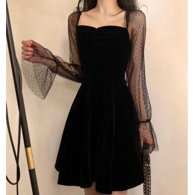 Women Dresses Black Square Neck Sexy Collect Waist Mesh Lace Long Sleeve Party Dinner Midi Dress Shopee Singapore