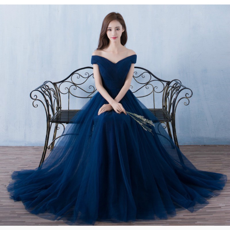 Korean Women Off Shoulder Wedding Gown Annual Dinner Dress Maxi Lace Dresses Maternity Gown Dark Blue Shopee Singapore