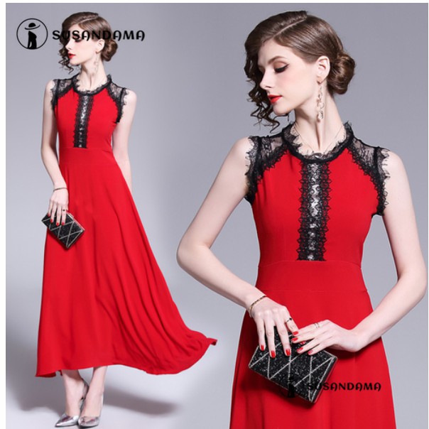 Fashion Elegant Women Dress Slim Sleeveless Red Evening Long Gown Tunic Big Hem Christmas Dinner Party Prom Dresses Shopee Singapore