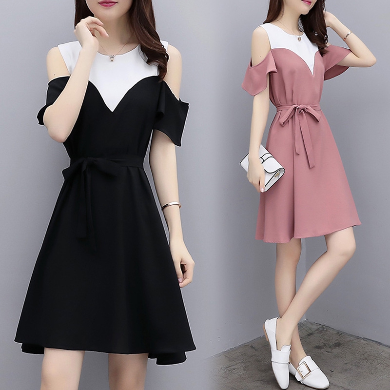 Dress Summer Dress Fat Mm Fashion Color Block Off Shoulder Top Belly Covering Show Thin Dresses Shopee Singapore
