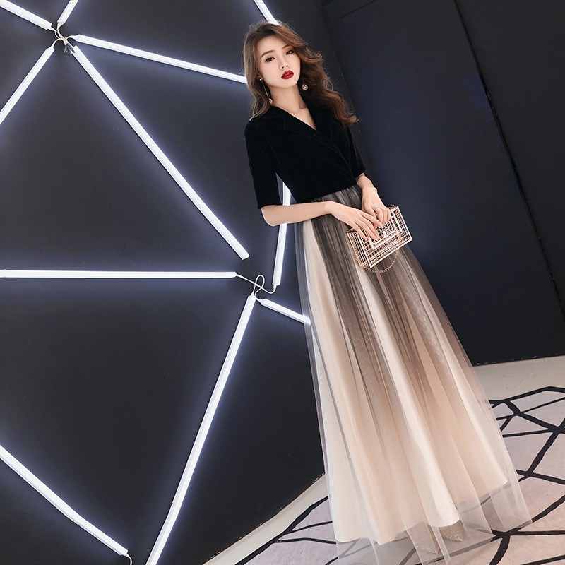 Half Sleeve Women Black Gradient Dress Slim Princess Midi Dress Birthday Party Evening Gown Host Sexy Women Casual Dress Shopee Singapore
