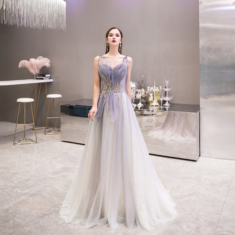 Women Banquet Long Dress New Year Conference Host Cocktail Dress Purple Gradient Model Dress Engagement Toast Wedding Dress Strapless Dress Piano Music Stage Performance Dress Bridesmaid Dress Evening Dancing Maxi Dress