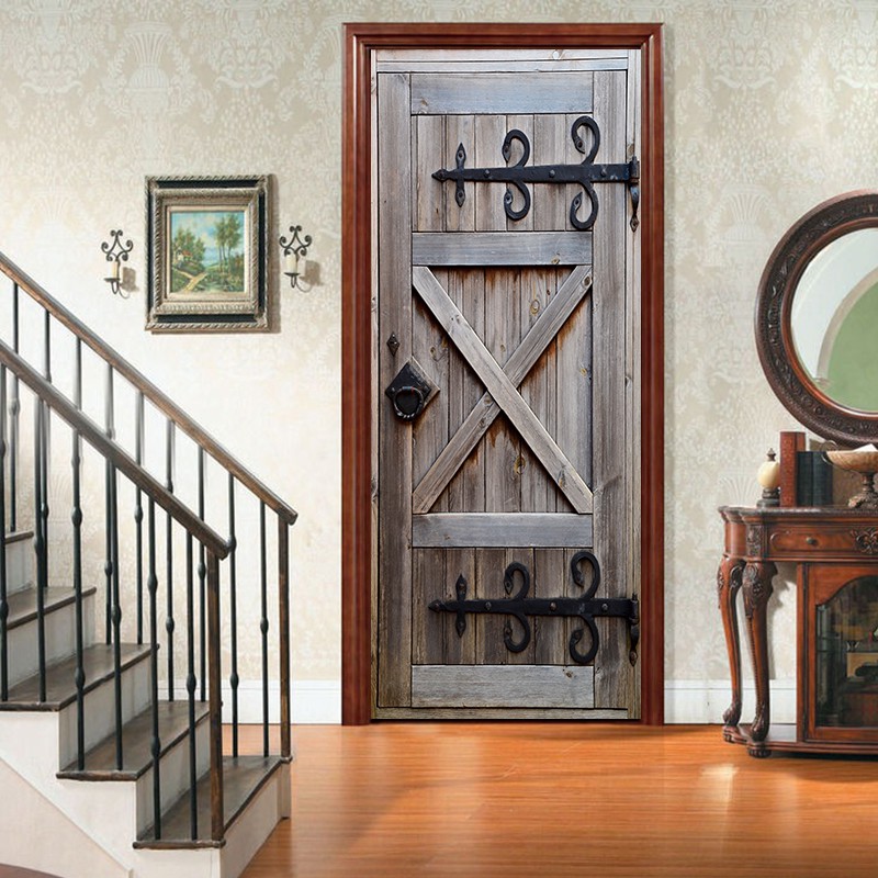 3d Door Sticker Mural Art Old Wooden Gate Pattern Removable Poster Shopee Singapore