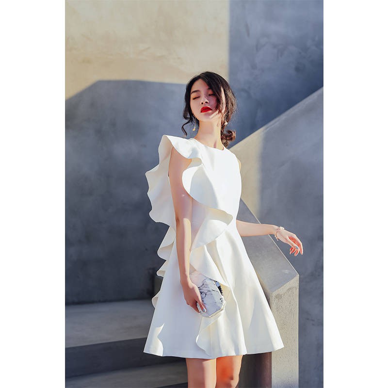 White Evening Dress Short Paragraph 2019 New Ladies Temperament Dress Small Dress Birthday Party Ban Shopee Singapore