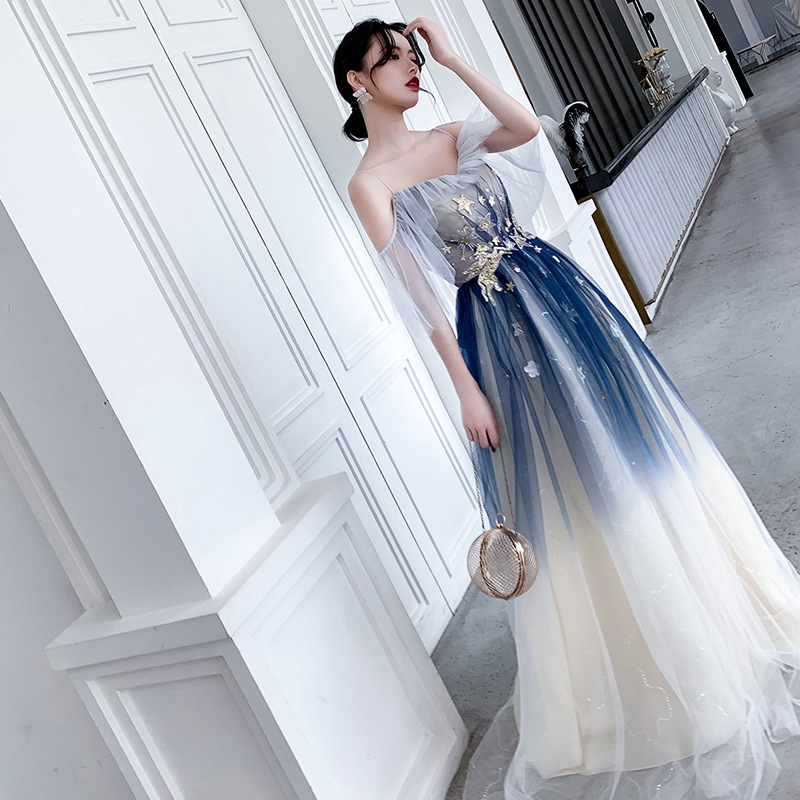 Women Toast Evening Dress Blue Gradient Evening Gown Piano Playing Birthday Party Dress Wedding Bridesmaid Maxi Dress Shopee Singapore