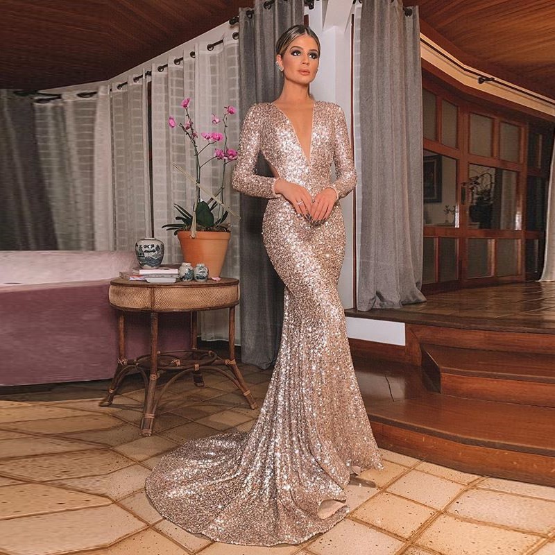 Women S Gold Dinner Long Dress Sequin Wedding Party Evening Gown Shopee Singapore