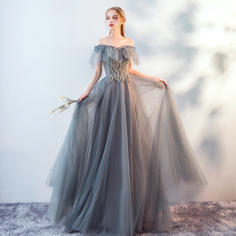 Women Gray Off Shoulder Evening Dress Ladies Elegant Host Dinner Party Dress Wedding Dress Bridesmaid Dress Sister Group Piano Talent Show Concert Performances Dress Birthday Party Dress Graduation Party Dress Shopee