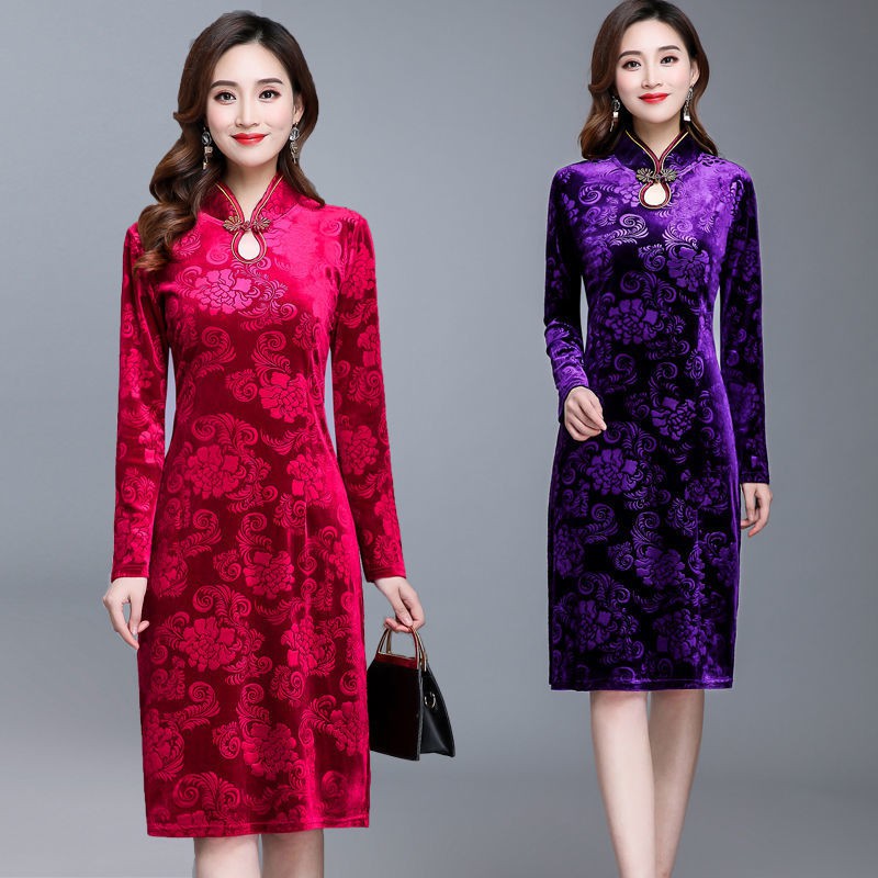 Autumn Long Sleeve Velvet Slim Cheongsam Vintage Xl 5xl Plus Size Women Party Dinner Wedding Midi Dresses Shopee Singapore