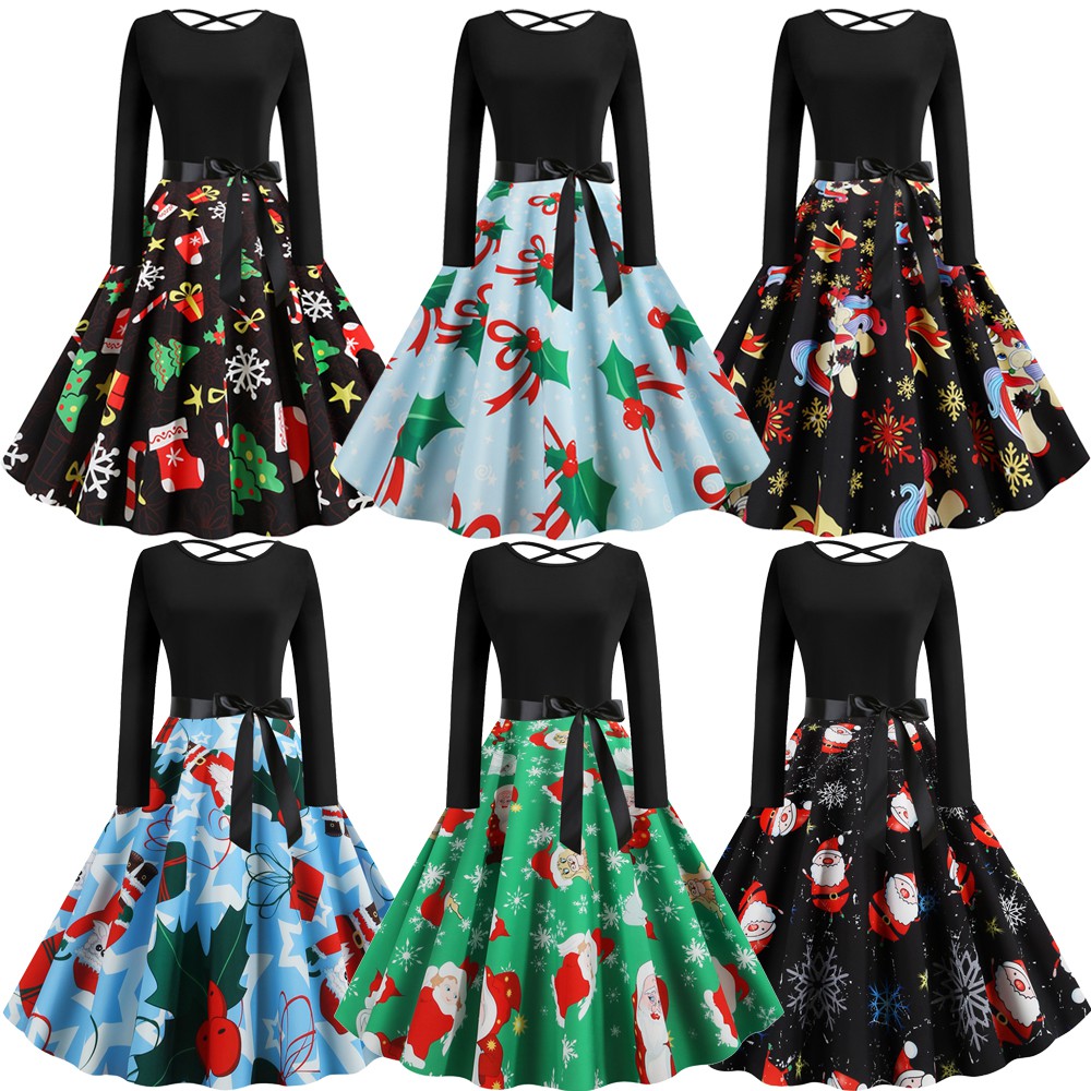 Women Xmas Dress Long Sleeve Big Swing Floral Midi Dress Christmas Festival Party Dresses Shopee Singapore