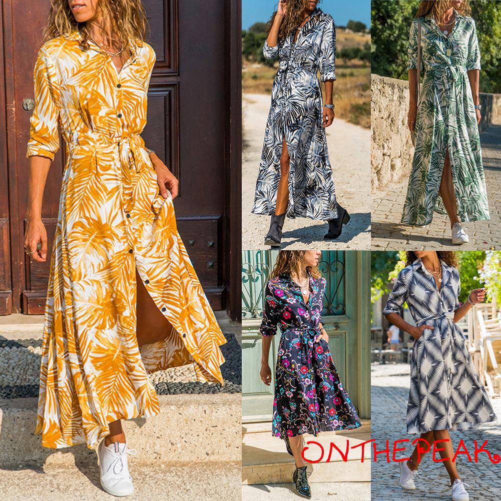 Dem Us Women Floral Print Long Shirt Dress Summer Holiday Party Midi Dress Plus Shopee Singapore