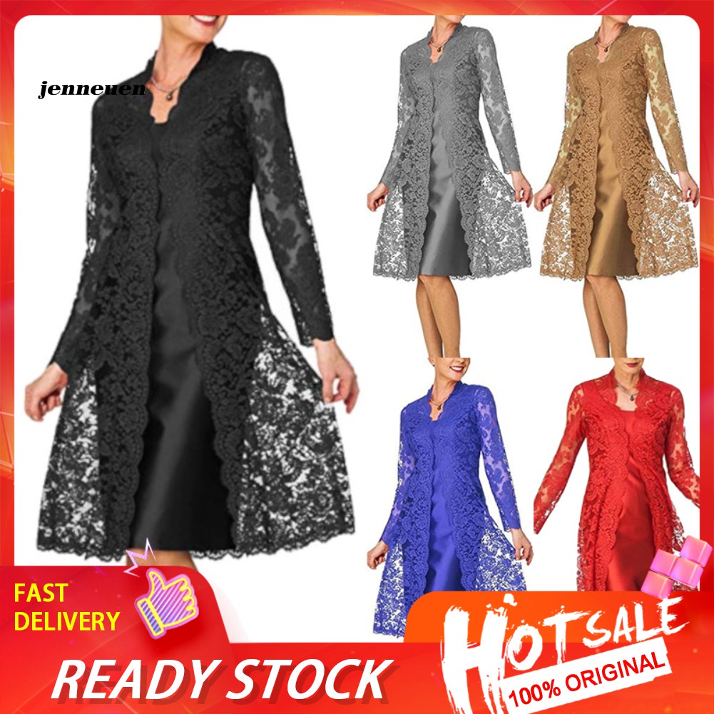 Qz2pcs Fashion Bride Mother Wedding Evening Party Midi Dress Hollow Lace Coat Set Shopee Singapore