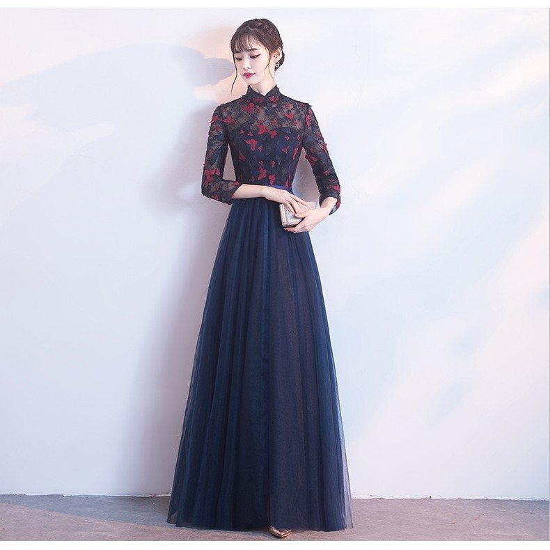 Ladies Navy Blue Muslim Long Sleeve Cheongsams Elegant Wedding Dinner Prom Dress Shopee Singapore