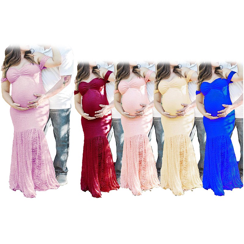 Gracestores Pregnant Women Lace Maternity Dress Baby Shower Party Long Maxi Gown Photo Props Shopee Singapore