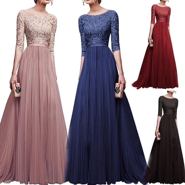 Formal Elegant Women Long Sleeve Dresses Lace Wedding Party Dinner Maxi Dress Shopee Singapore