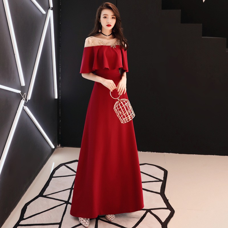 Women Red Maxi Dress Piano Performance Evening Gown Wine Red Stain Dress Host Dress Birthday Party Wedding Toast Dress Shopee Singapore