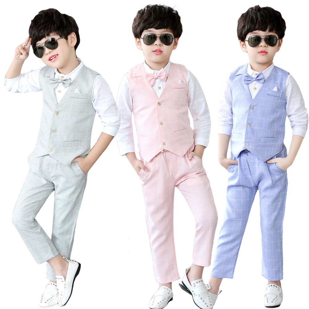 4pcs Kids Boys Top Pants Suit Formal Wedding Party Tuxedo Shirt Clothing Set Pink Gray Plaid Gentleman Attire Shopee Singapore