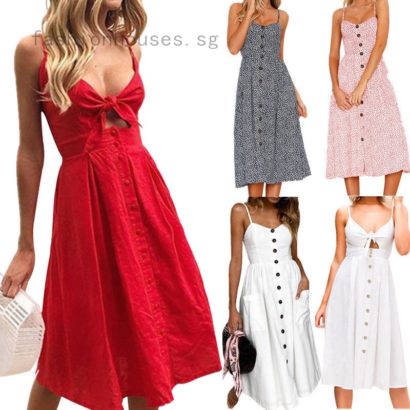 Womens Bowknot Button Down Polka Dot Sundress Ladies Summer Beach Party Dress Up Shopee Singapore