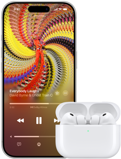 AirPods Pro 3 in MagSafe Charging Case, iPhone 17 Pro, Apple Music plays Everybody Laughs by David Byrne and Ghost Train Orchestra