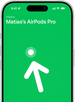 iPhone 17 Pro, Find My with Precision Finding screen, text: Matias's AirPods Pro