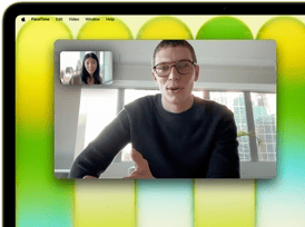 MacBook Neo, citrus color, video call onscreen, Center Stage feature keeps user centered in the frame