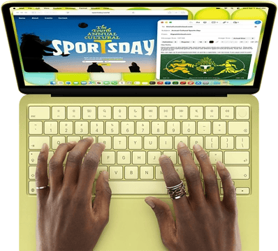 MacBook Neo, citrus colour, hands on keyboard, user is composing an email invitation to the opening of a sports event, website for the event open alongside