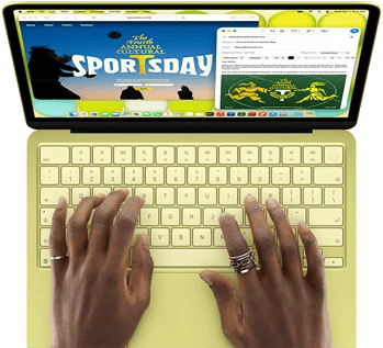 MacBook Neo, citrus colour, hands on keyboard, user is composing an email invitation to the opening of a sports event, website for the event open alongside