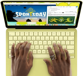 MacBook Neo, citrus colour, hands on keyboard, user is composing an email invitation to the opening of a sports event, website for the event open alongside