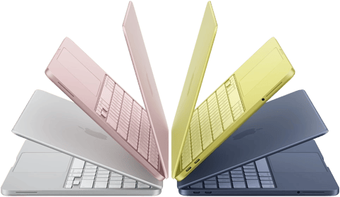 MacBook Neo laptops in silver, blush, citrus, and indigo colors, slightly open and arranged in an arch formation
