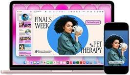 MacBook Neo, blush color, next to iPhone, MacBook Neo screen shows presentation titled Finals Week Pet Therapy with photo of a person holding a guinea pig, iPhone screen shows same photo, which has been turned into a sticker to use in presentation