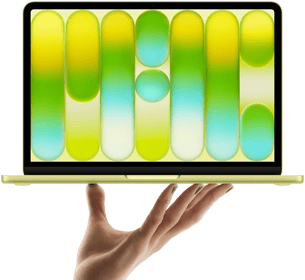 MacBook Neo in citrus color, balanced on fingertips of open hand, screen displaying colorful abstract pattern