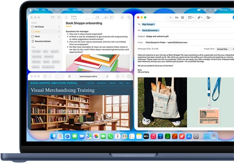 MacBook Neo, indigo color, screen shows composing a welcome email to new employee of bookstore, other tiled windows contain Notes doc about onboarding and bookstore's employee portal website in Safari