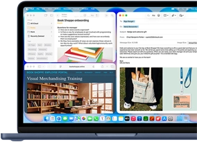 MacBook Neo, indigo color, screen shows composing a welcome email to new employee of bookstore, other tiled windows contain Notes doc about onboarding and bookstore's employee portal website in Safari