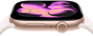 Apple Watch Series 11, aluminum rose gold case, Responsive Art watch face, right side exterior: Digital Crown, microphone, side button, light blush Sport Band