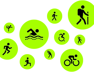 Workout icons, animated stick people running, walking, swimming, using wheelchair, hiking, cycling, lunging, dancing, stretching, and doing yoga