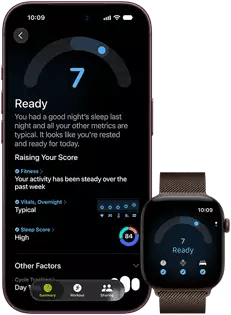 iPhone 18 Pro, black, front exterior, displaying the results of the Readiness status (score of 7), paired with Apple Watch, front facing, brown, displaying the same Readiness score of 7