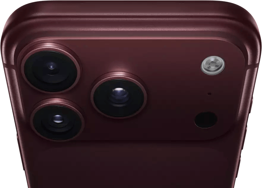 iPhone 18 Pro Max, burgundy color (dark red), back exterior, Pro Fusion camera system at top, 3 lenses, variable aperture blades partially closed, flash, microphone and LiDAR Scanner, top exterior, cellular antenna, flat sides, rounded edges