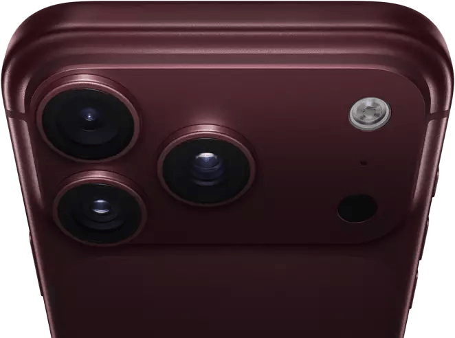 iPhone 18 Pro Max, burgundy color (dark red), back exterior, Pro Fusion camera system at top, 3 lenses, variable aperture blades partially closed, flash, microphone and LiDAR Scanner, top exterior, cellular antenna, flat sides, rounded edges