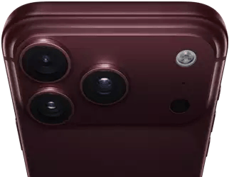 iPhone 18 Pro Max, burgundy color (dark red), back exterior, Pro Fusion camera system at top, 3 lenses, variable aperture blades partially closed, flash, microphone and LiDAR Scanner, top exterior, cellular antenna, flat sides, rounded edges