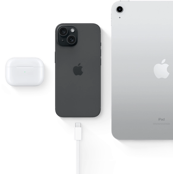 iPhone 15 with USB-C connector showing same connector can be used with AirPods Pro and iPad