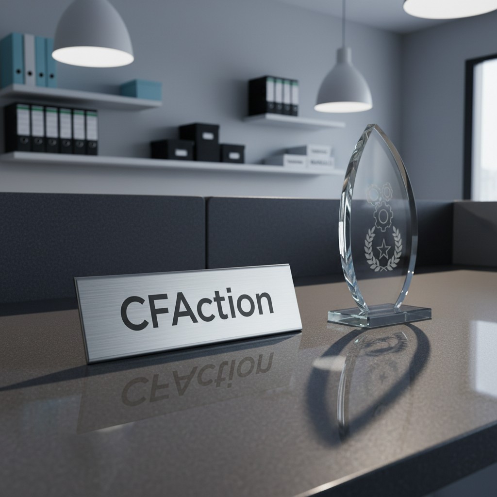 : [[image description in French: Une photo d'un bureau avec un buste de cristal et un signe CFAction.]]