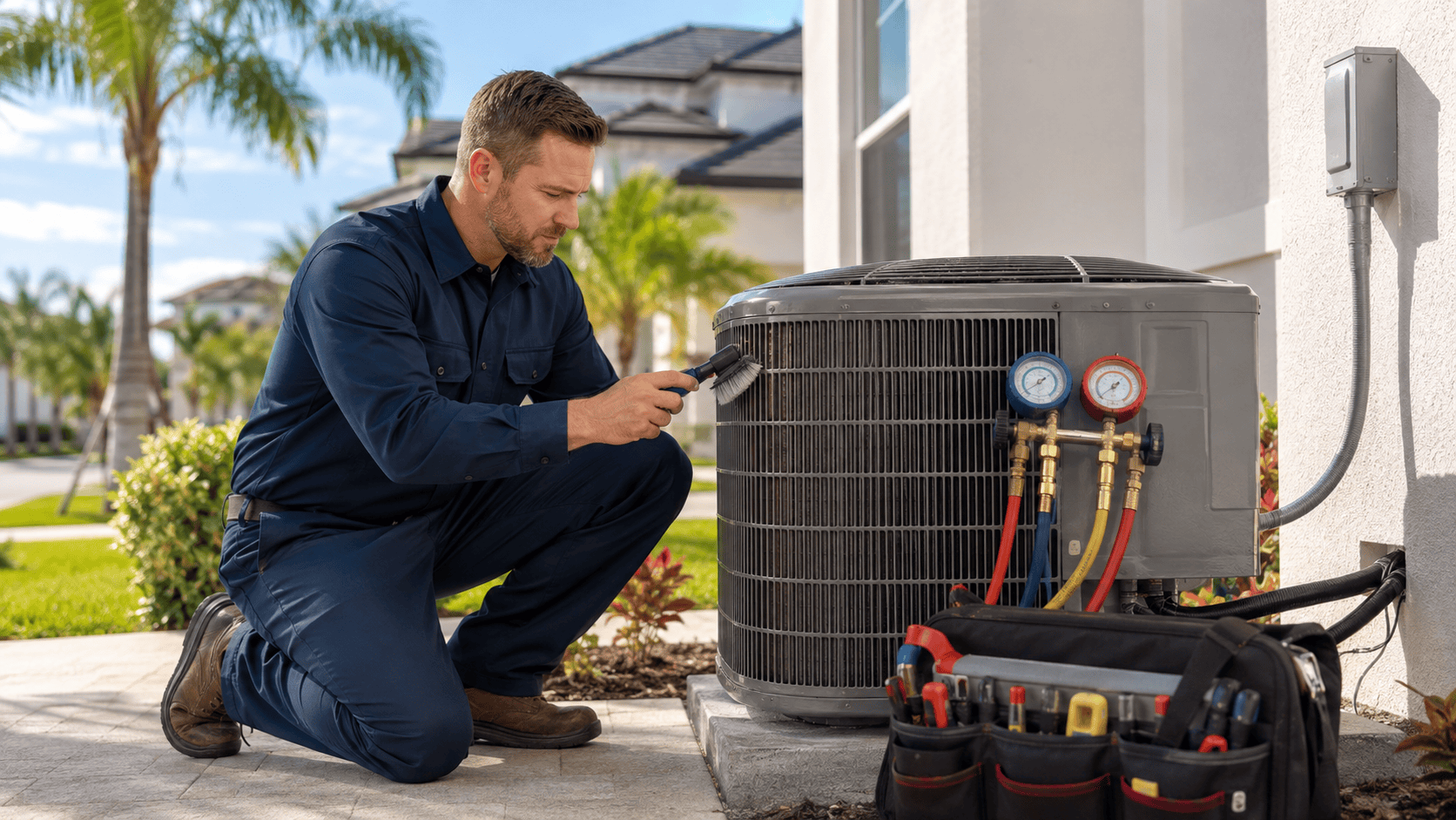 HVAC technician performing routine maintenance on an outdoor air conditioning unit at a Central Florida home