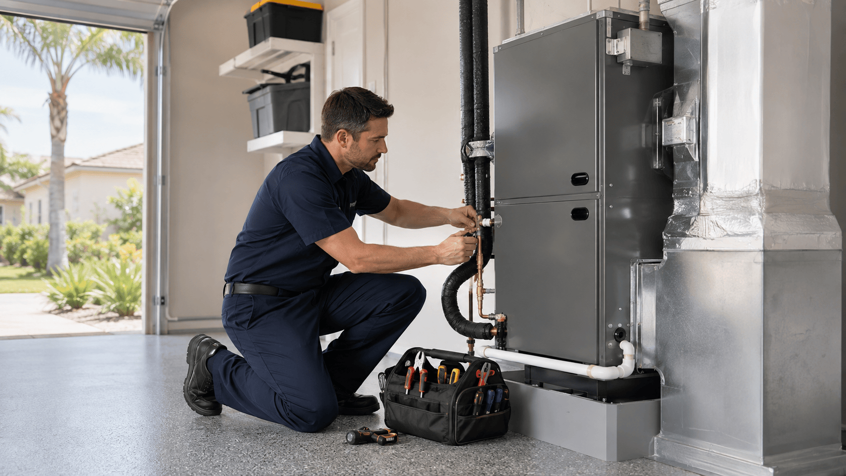 HVAC technician installing a new indoor air handler at a Central Florida home