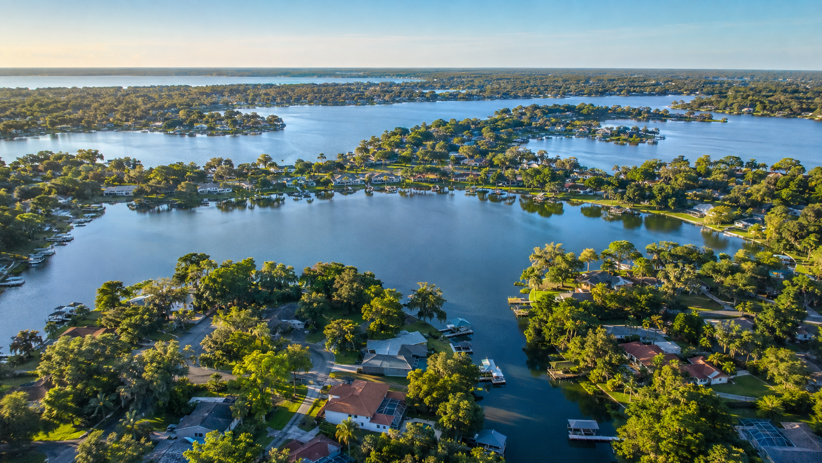 Aerial view of lakes and waterfront communities in Lake County, Florida