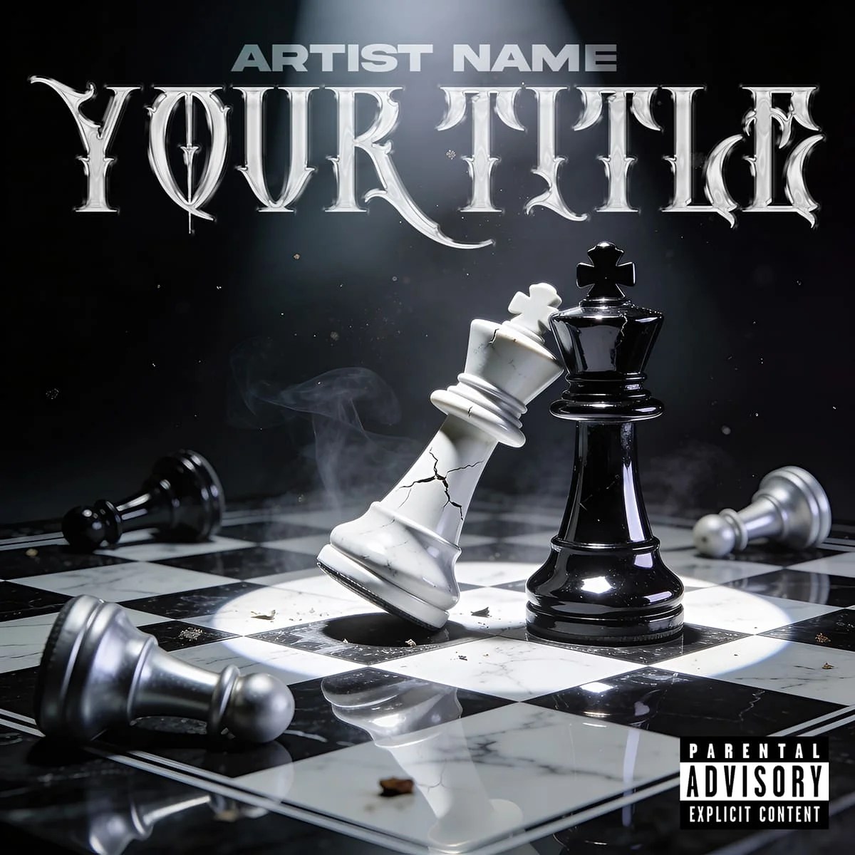 Endgame – premade album cover art. Black and white chess pieces on a glossy checkerboard in dramatic lighting. A strategic, cinematic cover for rap, drill…