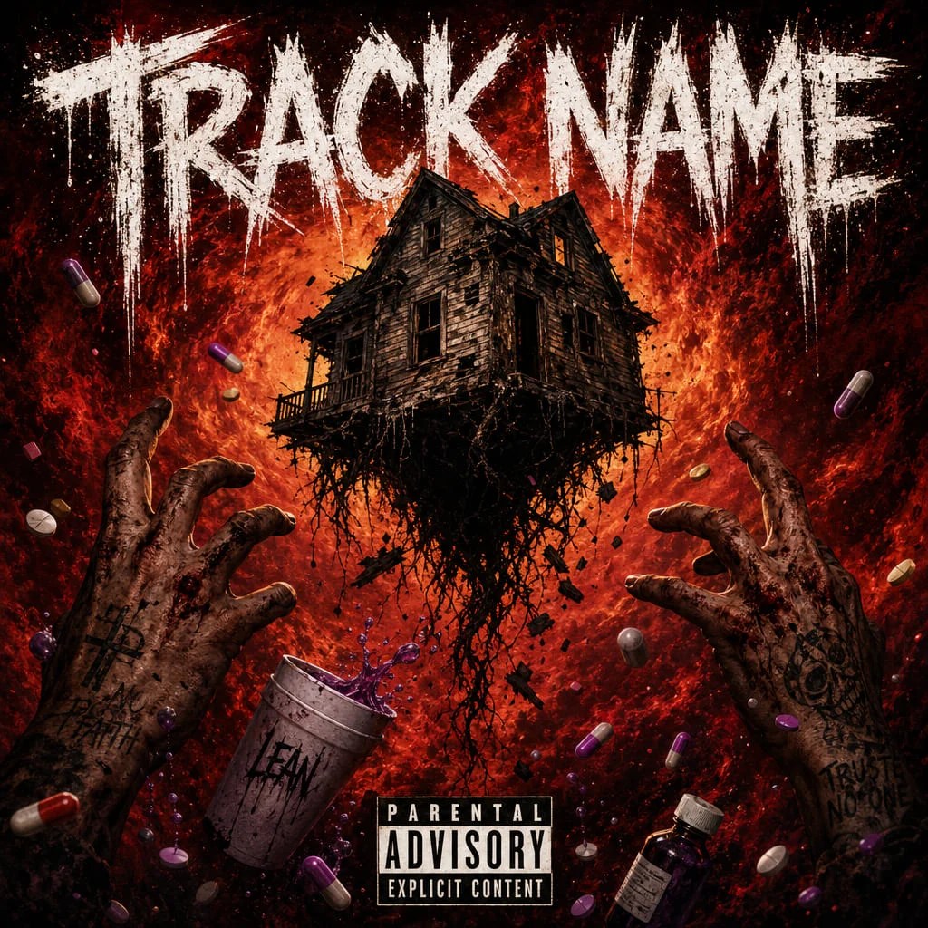Haunted Dosage – premade album cover art. A haunted house rising from blood-red smoke with grabbing hands and horror-style type. A dark, gritty cover for…