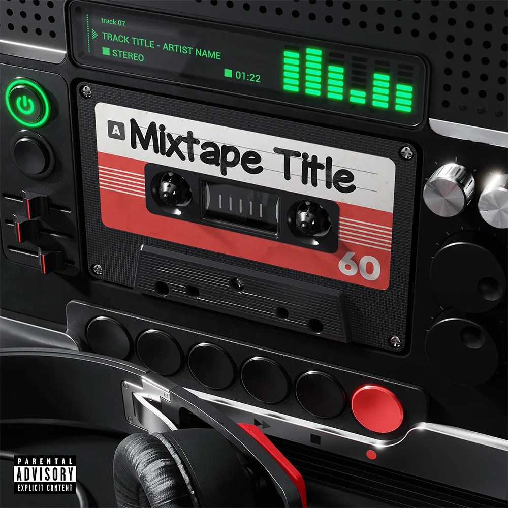 Mixtape – premade album cover art. A retro cassette deck with a "Mixtape Title" tape, glowing VU meter and red buttons in a dark studio setting. Built for…